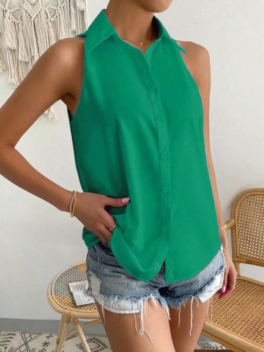 UK Womens Summer Sleeveless Satin Tee Shirts Tops Button Collar Blouse Tank Vest - Picture 9 of 23