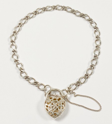 Sterling Silver 925 Curb Link Heart Padlock Bracelet - 19cm - 7.2g - Picture 4 of 7
