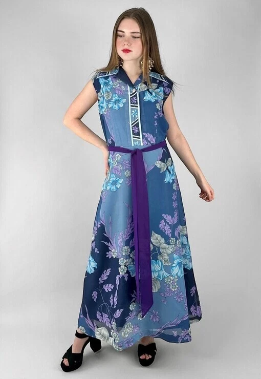 70's Vintage Blue Purple Sheer Sleeveless Dagger Collar Floral Boho Maxi Dress