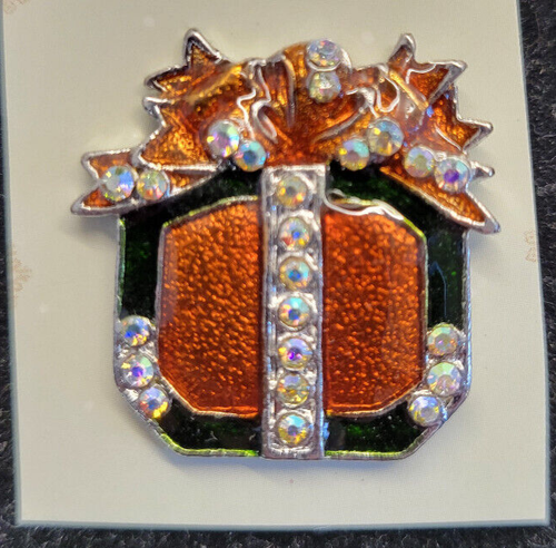 Giftbox Brooch Pin Enamel with Rhinestones 1 inch 074 | eBay