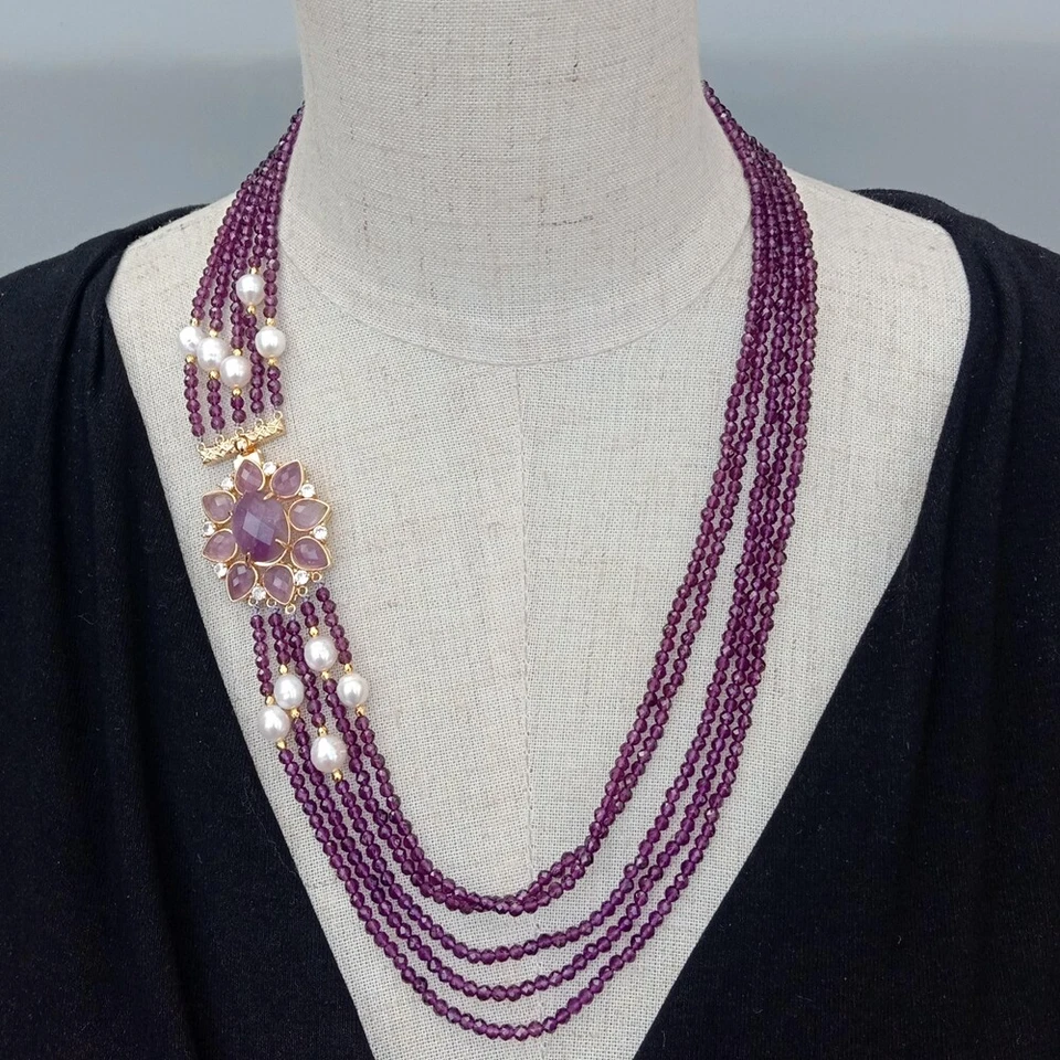 Collar Multi Hilos Cristal Púrpura Blanco Perla Cierre Amatista Joyería Regalo Foto 4 de 4