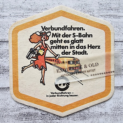 Verbundfahren S-Bahn Frau VVS Stuttgarter Hofbräu Bierdeckel Werbung sechseckig