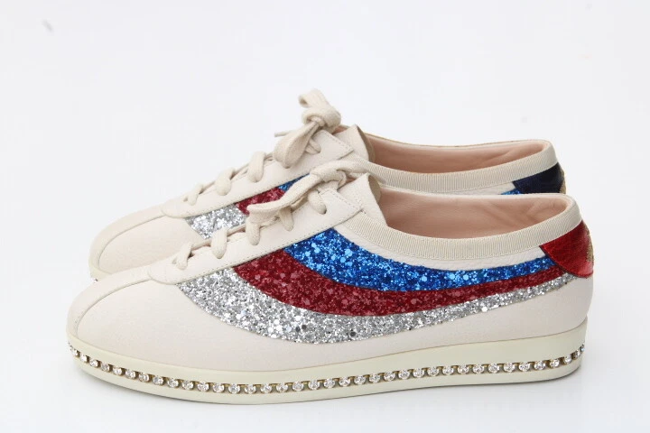 GUCCI Ace Womens Falacer Bee Glitter Jewel Low Sneakers 37 US 7
