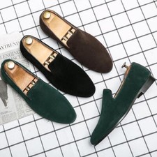Mens Dark Green Suede Slip-On Loafers Casual Smoking Slipper Dress Shoes