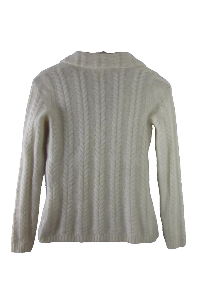 Cardigã feminino Kenar pequeno marfim branco LS angorá malha cabo suéter bolsos - Imagem 2 de 4