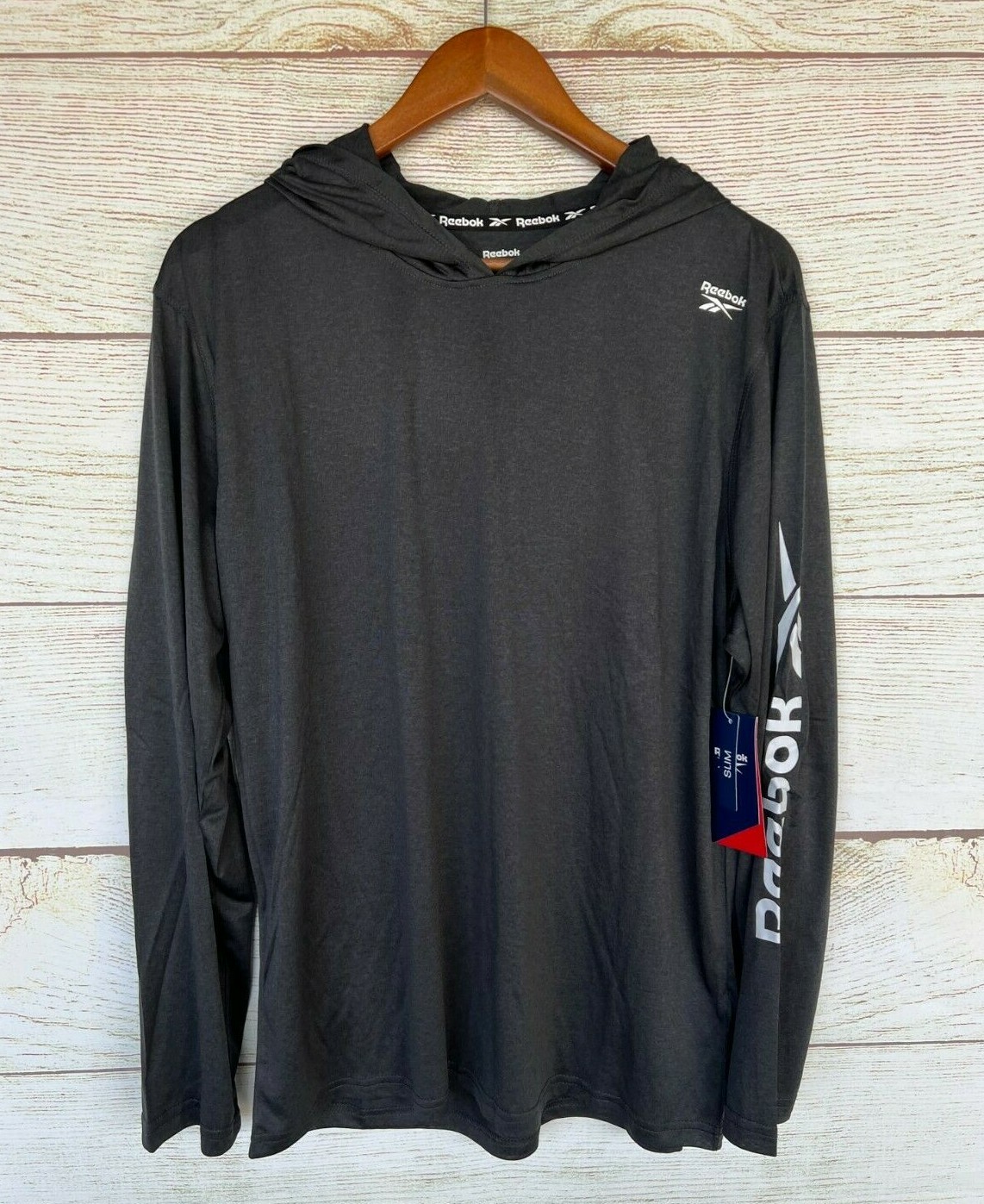 Reebok Athletic Shirt Mens Small Black Heather Neptune PO Hooded Slim Shirt New