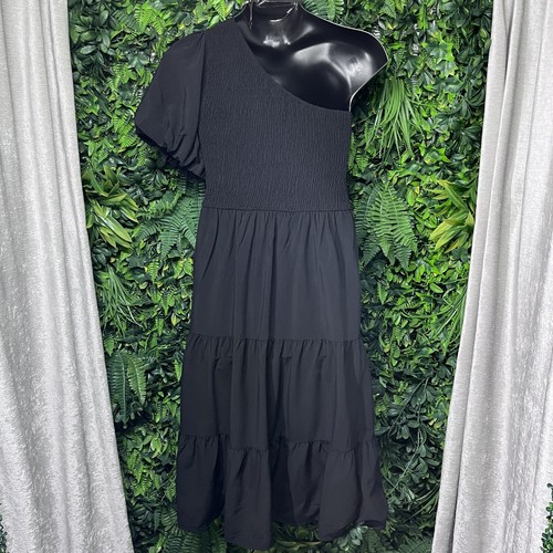 FASHION Dress Women 2X Black Boho Balloon Sleeve One Shoulder Smocked Maxi 2346 - Picture 6 of 6