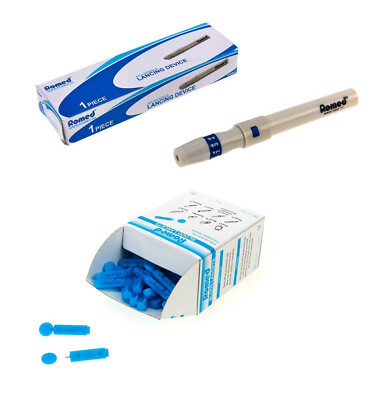 Romed Blutlanzetten Tri-bevel blau steril 100 Stück + 1 x Romed Stechautomat