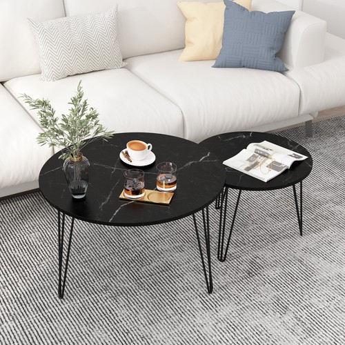 Set of 2 Nesting Coffee Tables Round End Side Tables Marble Tabletop Metal Frame - Picture 9 of 11