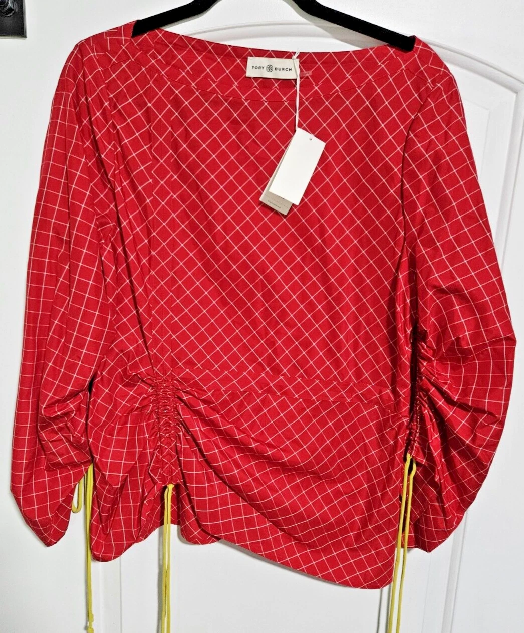 Nuova con etichetta Tory Burch finestra seta top rosso bianco taglia 14 100% AUTENTICA