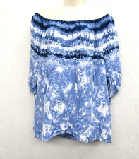 Naif Womens Blue Shirt Blouse Top 2X Short Sleeve Off Shoulder Flowy Casual