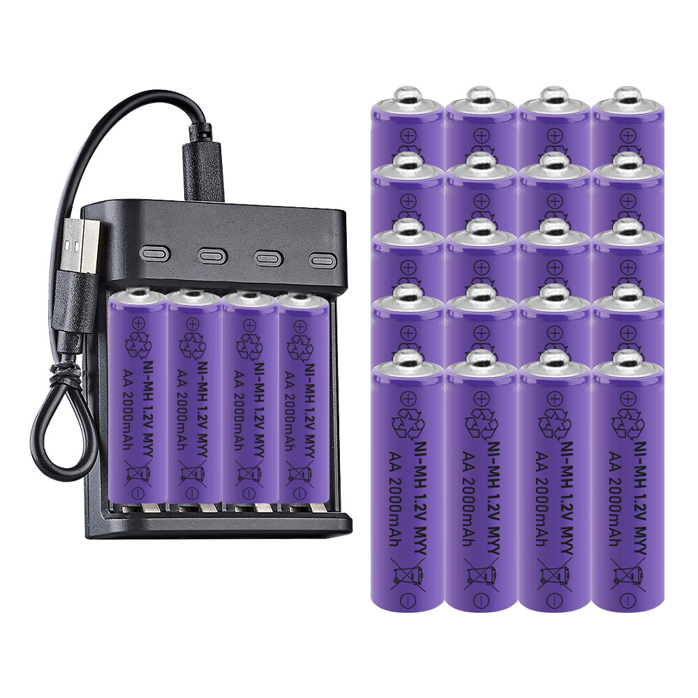 4-24PCS AAA AA 2000mAh Rechargeable Batteries with 3/4 Slot Smart Charger Set