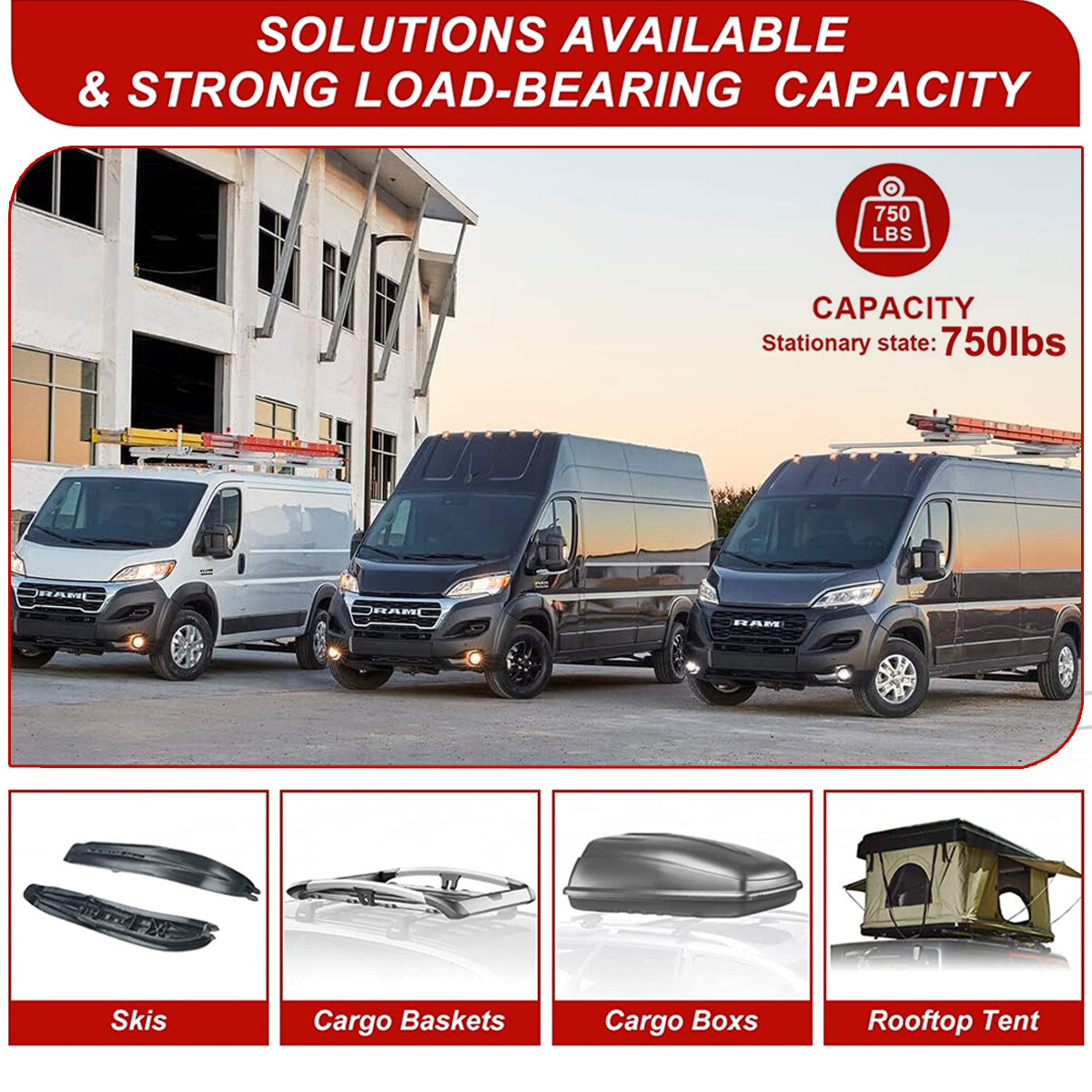 3 Bar Van Roof Ladder Rack 750lbs Load For RAM ProMaster City 2015+ White Steel