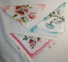 Set Of Three Vintage Women's Handkerchiefs Floral With Lace Border