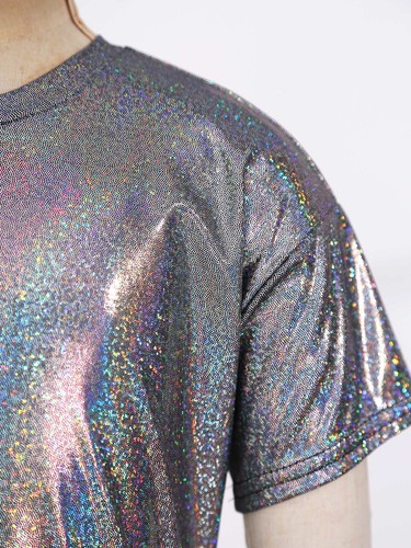 Girls Top Sparkly Metallic Shiny Loose T-Shirts for Dance Performance Costume - Picture 14 of 82