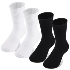 Kids Boys Crew Socks - 4 Pack Ribbed Towel Bottom Hiking Large Black and White