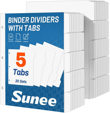 Binder Dividers with Tabs 8.5X11 White 5 Tab 20 Sets 100 Dividers for 3 Ring