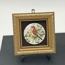 Vintage Framed Bird Porcelain Plaque Gold Ornate Wall Decor Mini Art Cottagecore