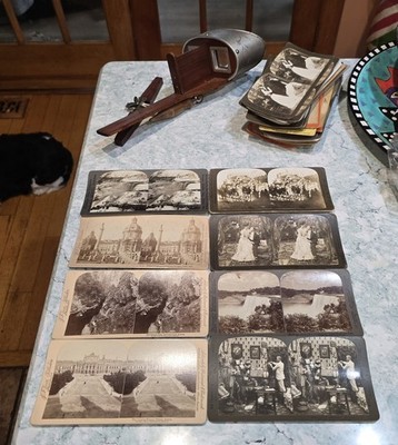 Antique STEREOSCOPE 3D VIEWER Wooden Handheld & 48 Stereoscopic  Cards c.1900