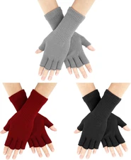 3 Pair Fingerless Gloves for Women Half Finger Gloves Winter Stretchy Knit Finge