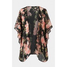 Floral Sheer Chiffon Kimono Wrap Black Pink Rose Open Front Cover Up One Size