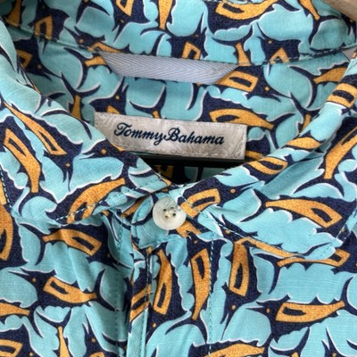 Tommy Bahama Shirt Mens XL Blue Orange All Over Print Swordfish Rayon Button Up