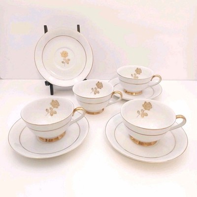 VTG Sango China Gold Rose Coffee/Tea Cups With Plates 8 Pieces 1950s Fine China 