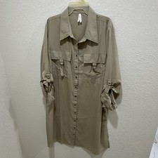 Khaki Collared Button-Front Shirt Dress for Women with Roll Tab Sleeves, Pockets