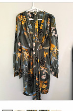 Fashion Nova Women's L Green Floral Wrap Dress V-Neck Long Sleeve Tie Waist