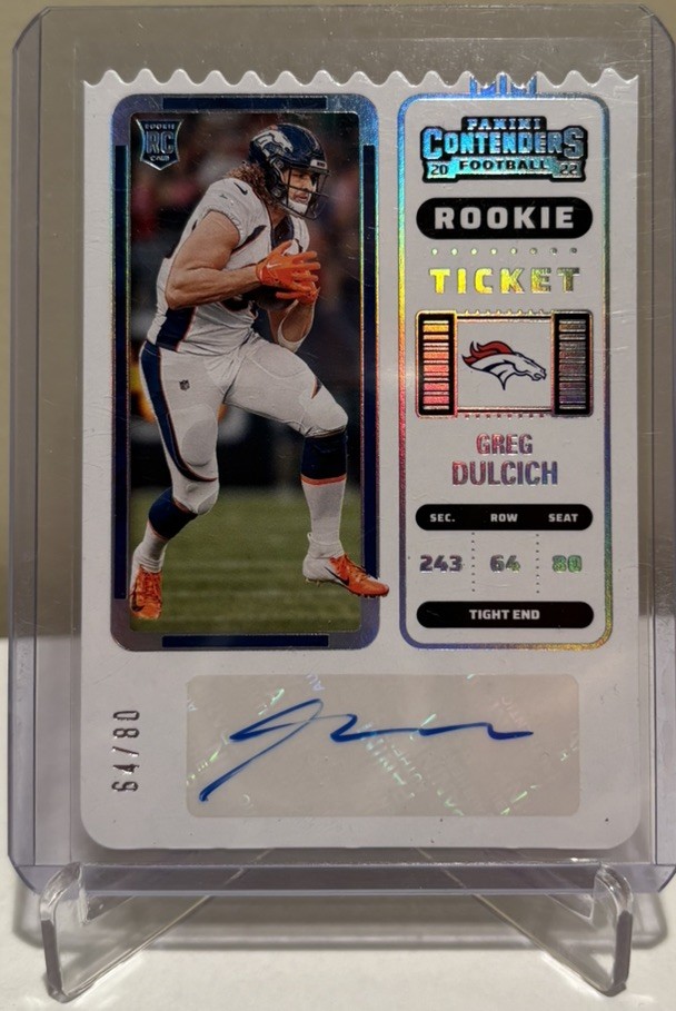 2022 Contenders Rookie Ticket Stub Greg Dulcich Auto /80 Denver Broncos #185 RC