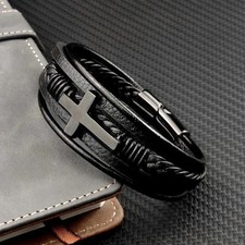 Men's Cross Braided Leather Stainless Steel Bracelet Wristband Cuff Bangle Gift 