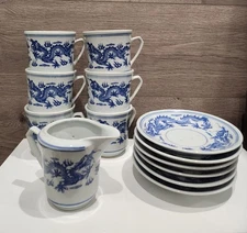 Chinese Vintage Porcelain Blue/White Dragon 6 Piece Tea Set Cup Saucer Creamer 