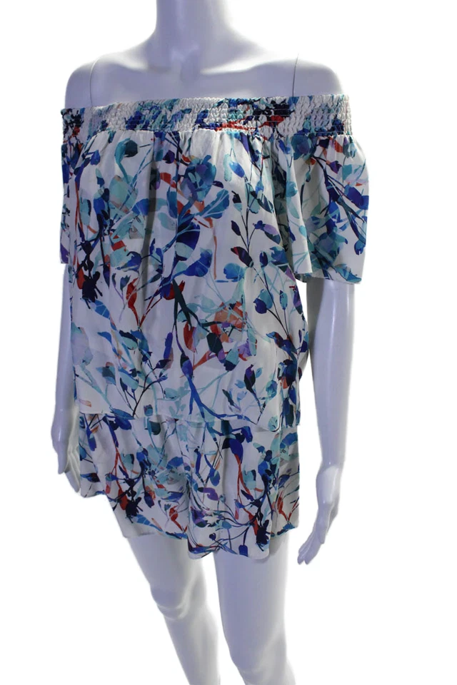 Mameluco Parker Mujer Seda Blanco Azul Floral Hombro Descubierto Manga Corta Talla M Foto 2 de 4