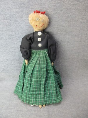 Vintage Folk Art Rag Doll 14'' Primitive  Green Dress Button Eyes