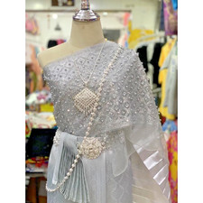 Elegant Thai Traditional Dress Chut Thai Silver Gray Formal Outfit Handmade