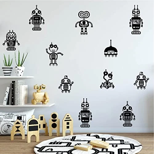 8 Robots Wall Decals for Kids Room Boys Bedroom Decor Geometric Wall Black - Image 4 of 4