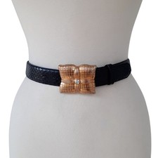 Vintage Black Snakeskin Belt w/ Chunky Square Crystal Detail Gold Buckle Sz S