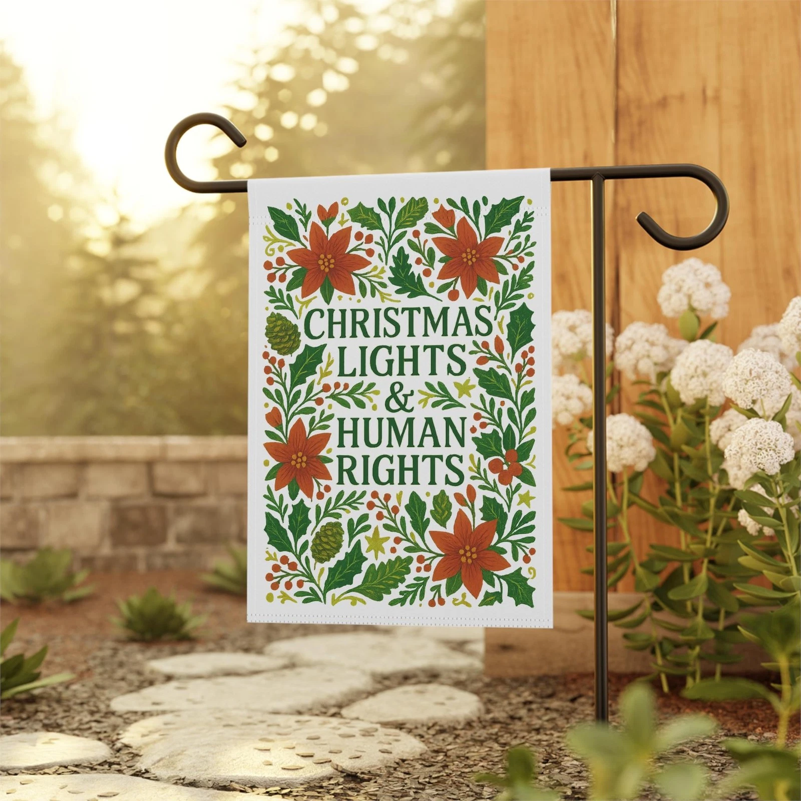 Christmas Lights & Human Rights Resist Fascism Poinsettia Christmas Garden Flag