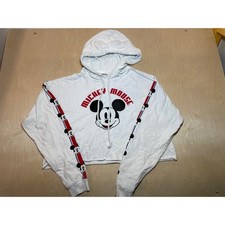 Disney Mickey Mouse Cropped Hoodie White Graphic Sweatshirt Sleeve Stripe Medium