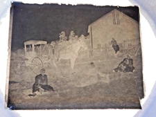 ANTIQUE PHOTOGRAH GLASS NEGATIVE CARRIAGE HORSE WOMEN MAN BABIES 5" x 4"