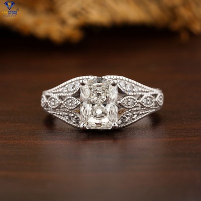 2.456 TCW Radiant And Round Cut Labgrown Diamond Ring 18k White Gold Labstone