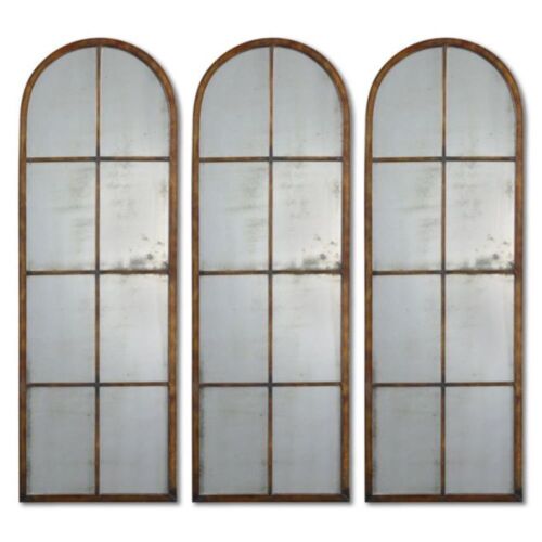 Antique Arch Windowpane Mirror in Maple Brown Wash with Metal Frame and