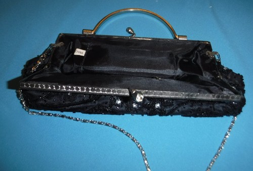Vintage Black Evening Bag with rhinestone handle and chain - Picture 2 of 5