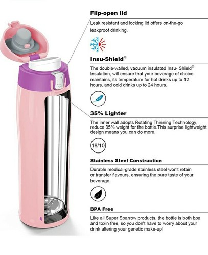 super sparrow stainless steel water bottle Ultralight travel Mug -Pink ,medium - Picture 5 of 6