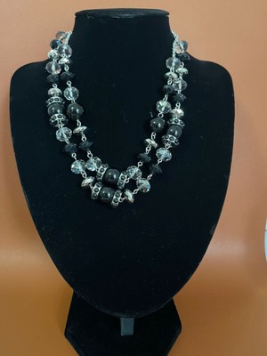Vintage Trifari Women's Black Bead Crystal Adjustable Double Strand Necklace 20 