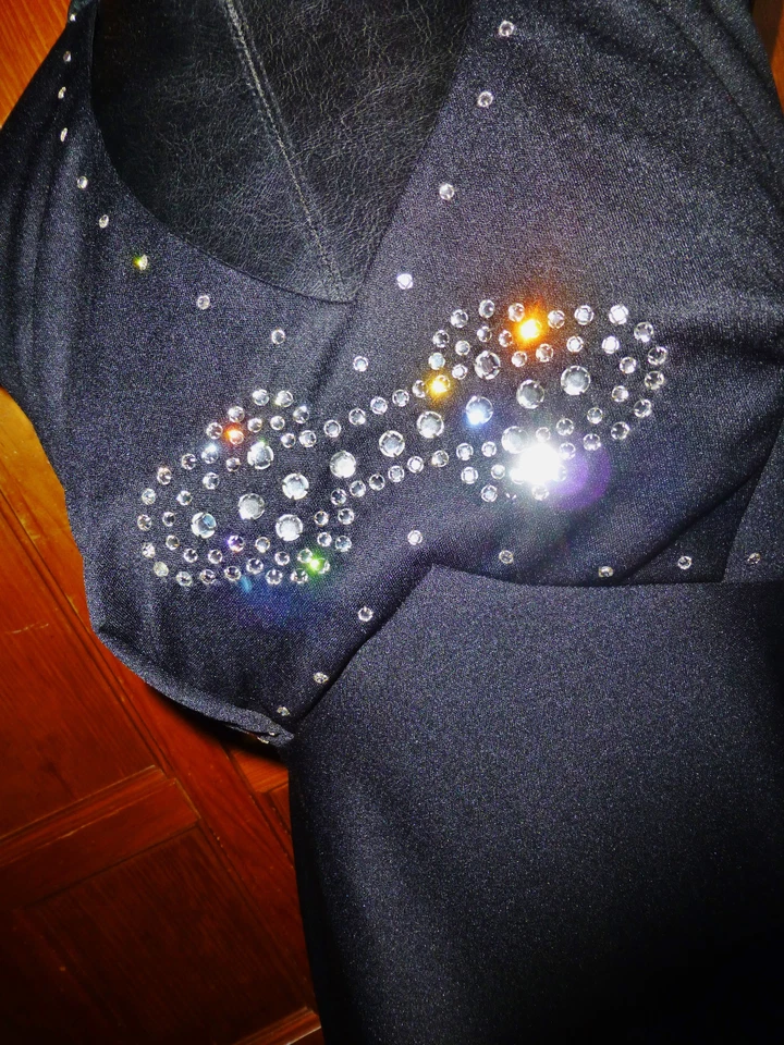 Maxi VESTIDO De Colección Años 70 Negro Jersey Tejido Estrás Boho Imperio Disco Noche Foto 4 de 4