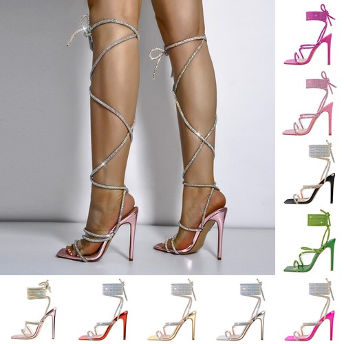 Onlymaker Womens Rhinestone Clear Ankle Strap Stiletto High Heel Lace up Sandals - Picture 1 of 61