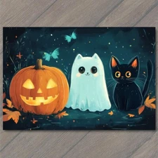 Art Print Halloween Ghost Black Cat Jack-O-Lantern Black Cat Festive Pumpkin Cut