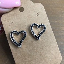 Black Rhinestone Heart Shaped Stud Earrings Silver Tone Fashion Jewelry
