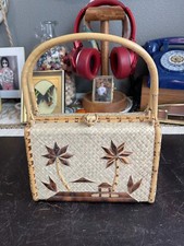 Vintage Wicker Bamboo Purse Handbag Red Liner Natural
